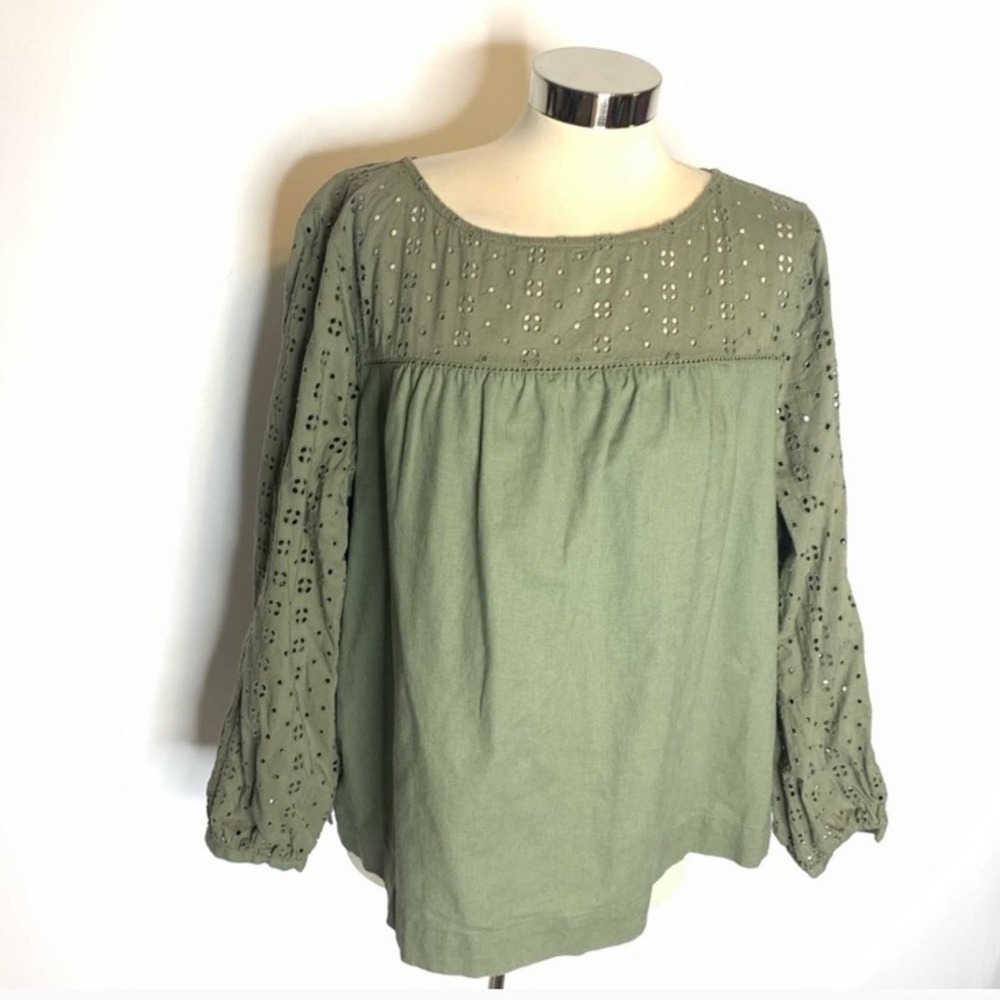 J. Crew Olive Green Eyelet Peasant Blouse